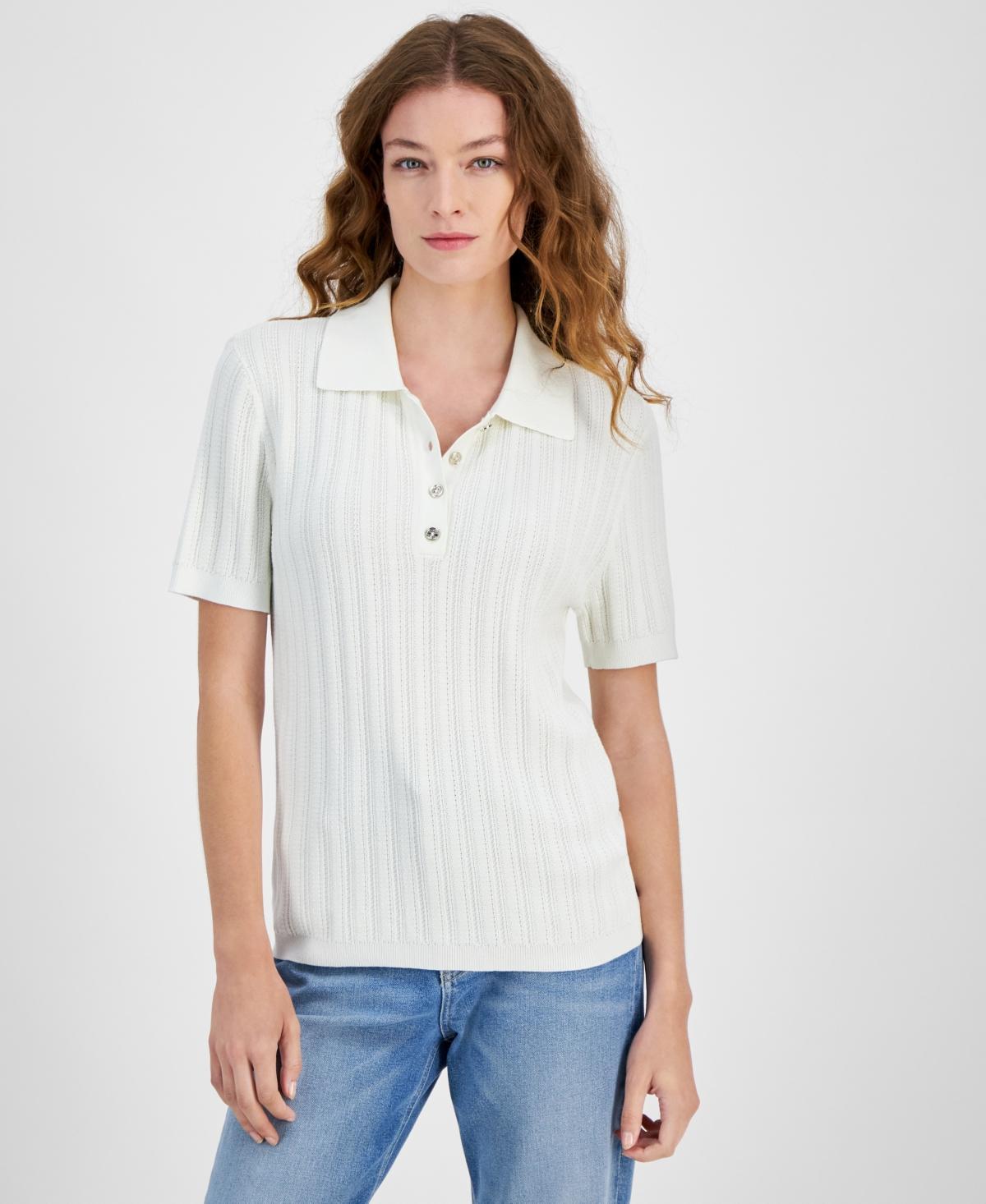 Tommy Hilfiger Womens Ribbed Short-Sleeve Polo Sweater Product Image