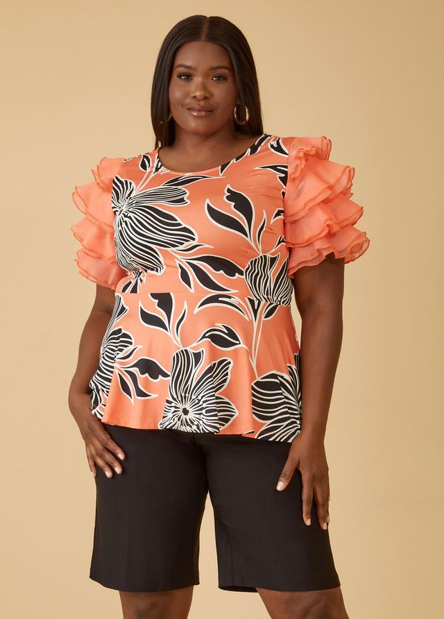 Plus Size Ruffled Floral Print Peplum Top, - Ashley Stewart Product Image