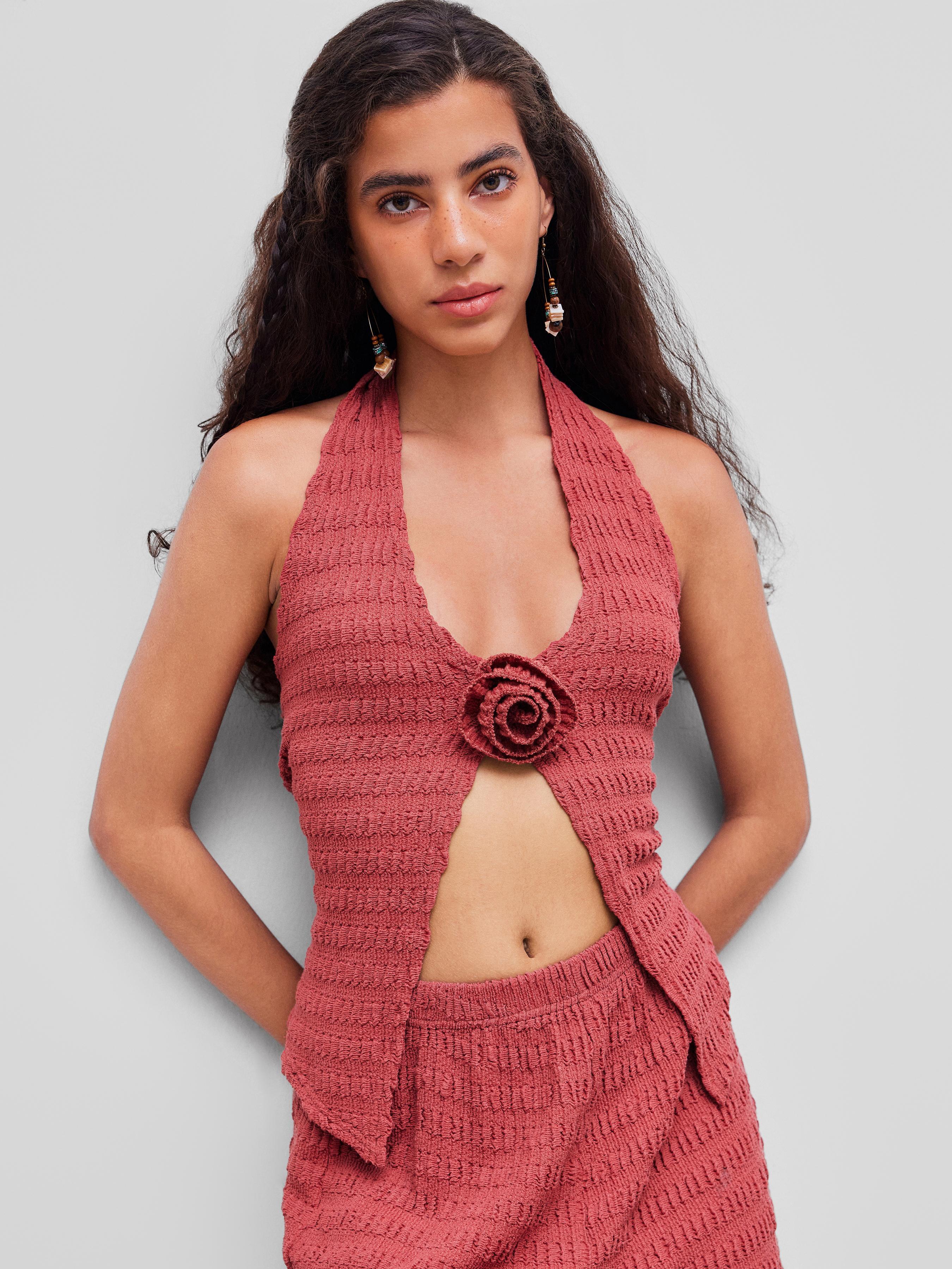 Halter Neckline Solid Rosette Texture Tank Top Product Image