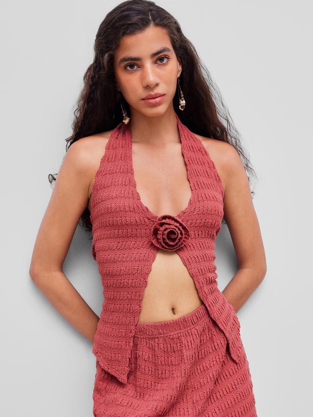 Halter Neckline Solid Rosette Texture Tank Top Product Image