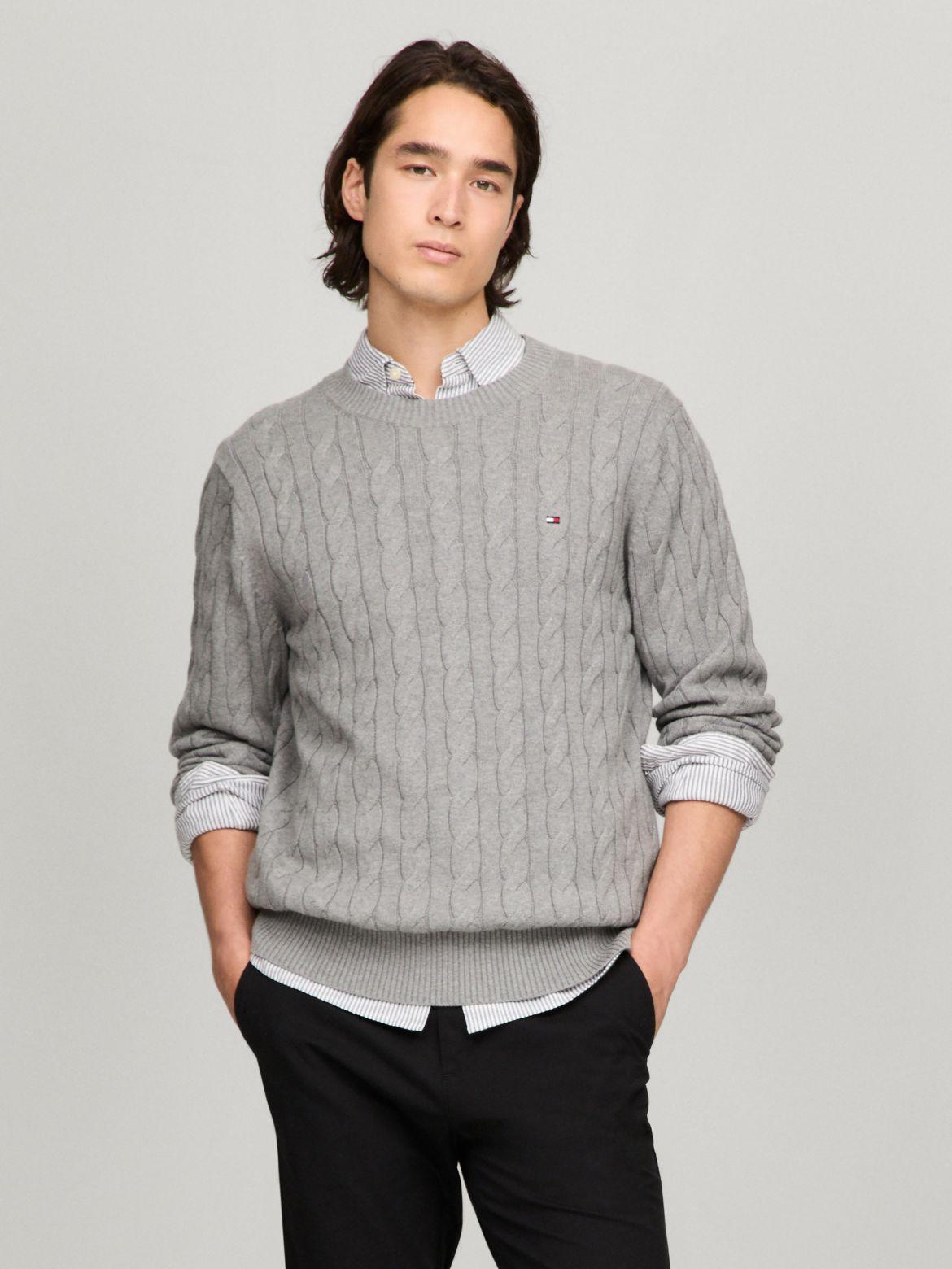 Mens Tommy Hilfiger Cable Crewneck Sweater Gray Grey Product Image