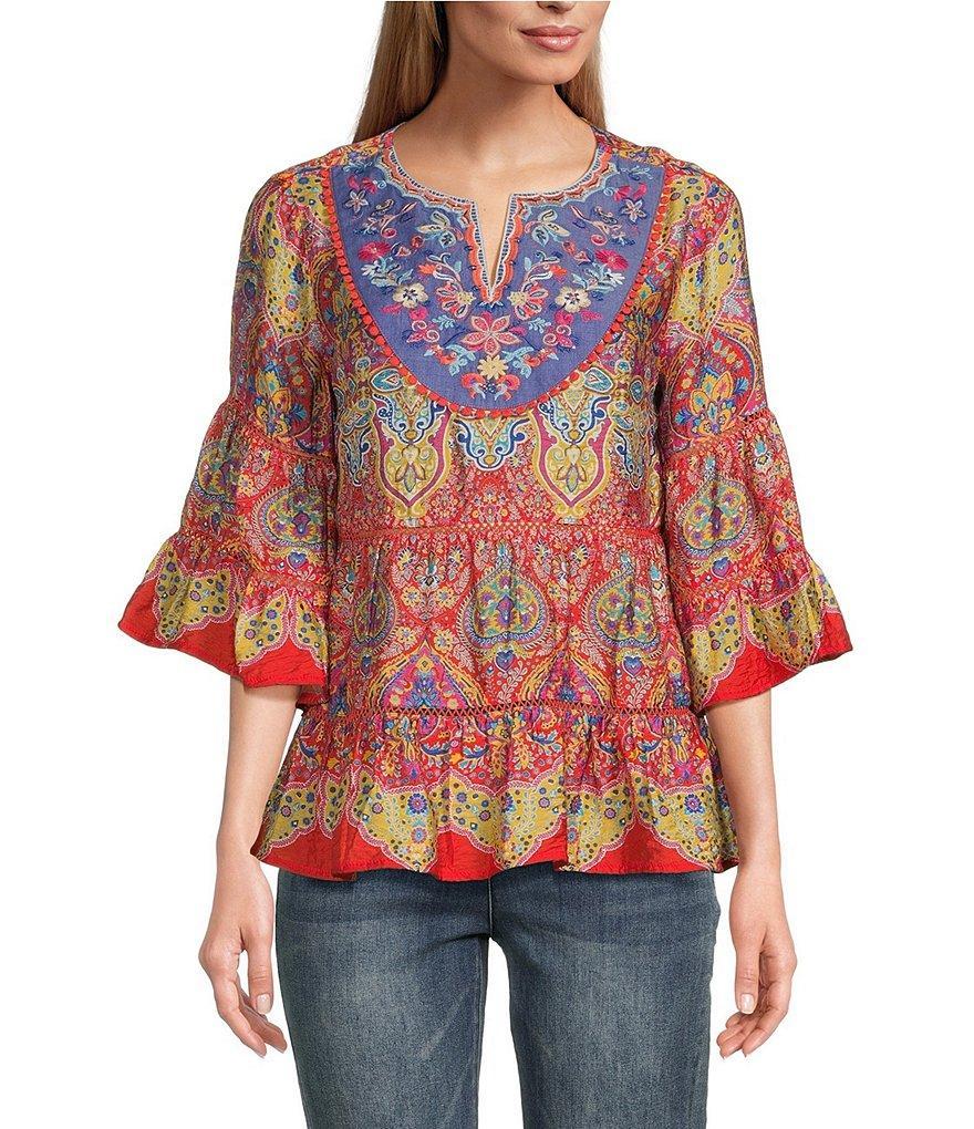 John Mark Embroidered Split Neck 3/4 Ruffle Sleeve Tunic Product Image