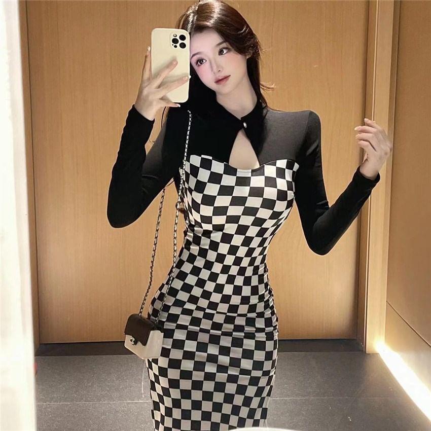 Long-Sleeve Stand Collar Checkerboard Cutout Slit Midi Bodycon Dress Product Image