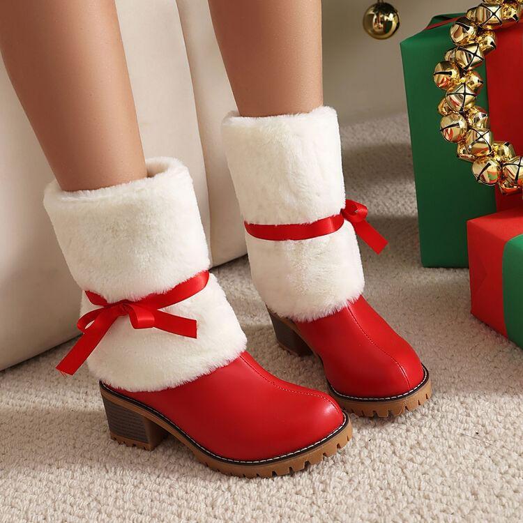 Fluffy Trim Bow Platform Chunky Heel Short Boots Product Image