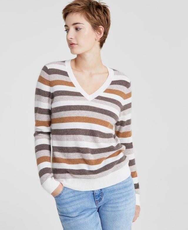 Charter Club Womens Striped 100% Cashmere V-Neck Sweater, Regular & Petites, Created for Macys Product Image