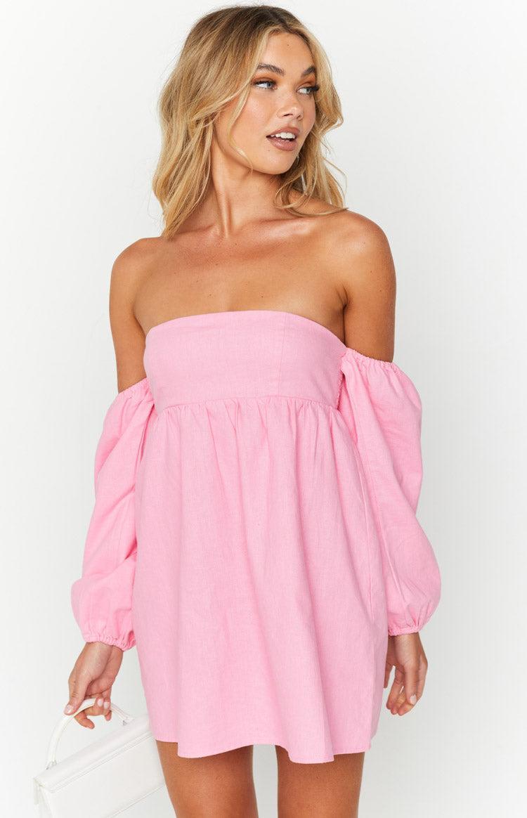 Koa Pink Off Shoulder Linen Mini Dress Product Image