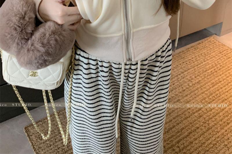 Plain Zip-Up Crop Hoodie / Drawstring Waist Striped Wide Leg Pants Product Image