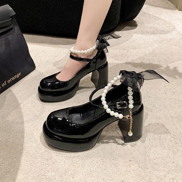 Chunky Heel Faux Pearl Ankle Strap Patent Leather Mary Jane Pumps Product Image