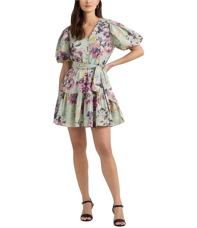 Lauren Ralph Lauren Floral Print V-Neck Short Sleeve Mini Dress Product Image