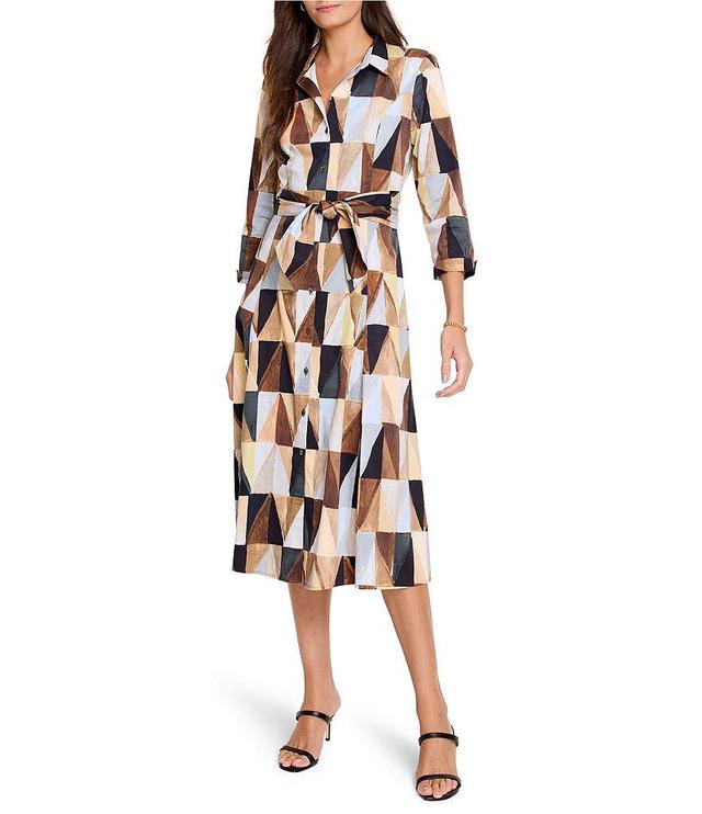 NIC + ZOE Jessie Woven Shadow Play Point Collar Neck 3/4 Sleeve Tie Waist Midi Dress Product Image