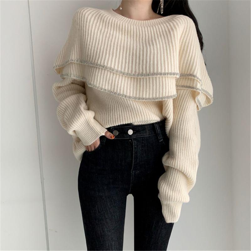 Off-Shoulder Contrast Trim Layered Ruffle Sweater Product Image