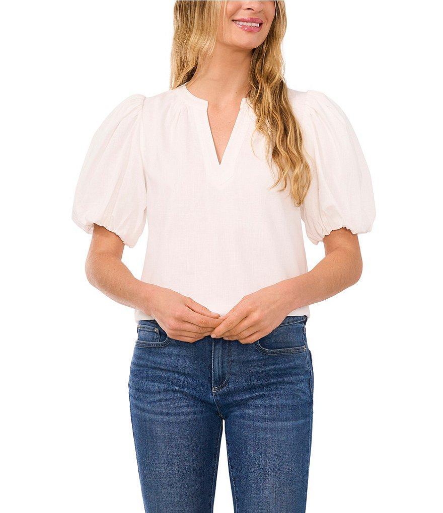 CeCe V-Neck Short Puffed Sleeve Blouse Product Image