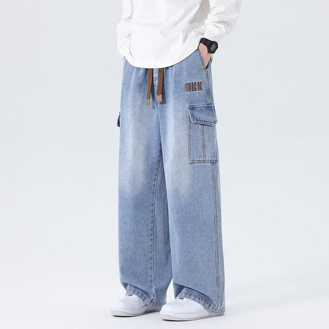 Drawstring Waist Lettering Embroidered Washed Wide Leg Cargo Jeans Product Image