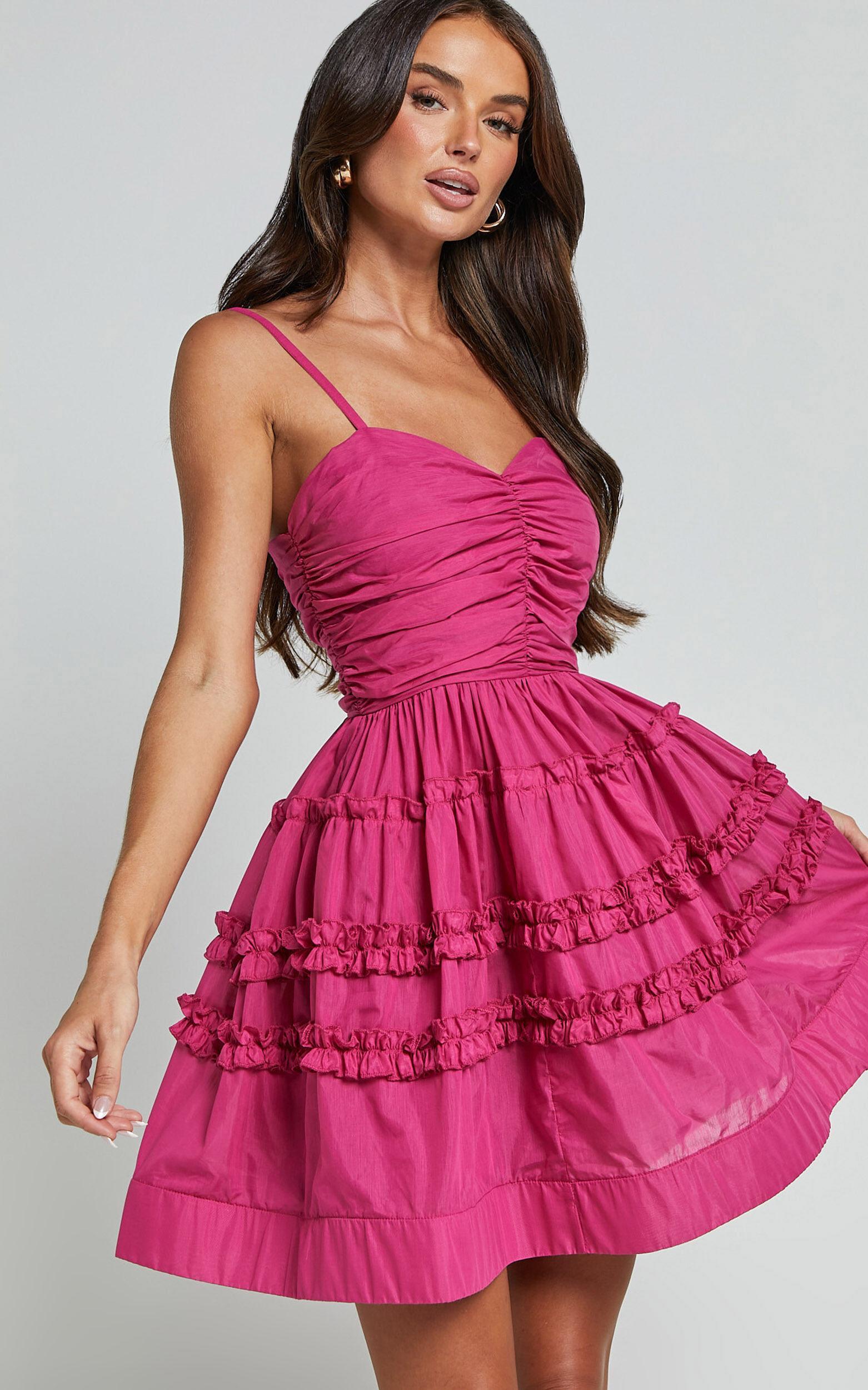 Ailia Mini Dress - Strappy Empire Waist Tiered Dress in Pink Product Image