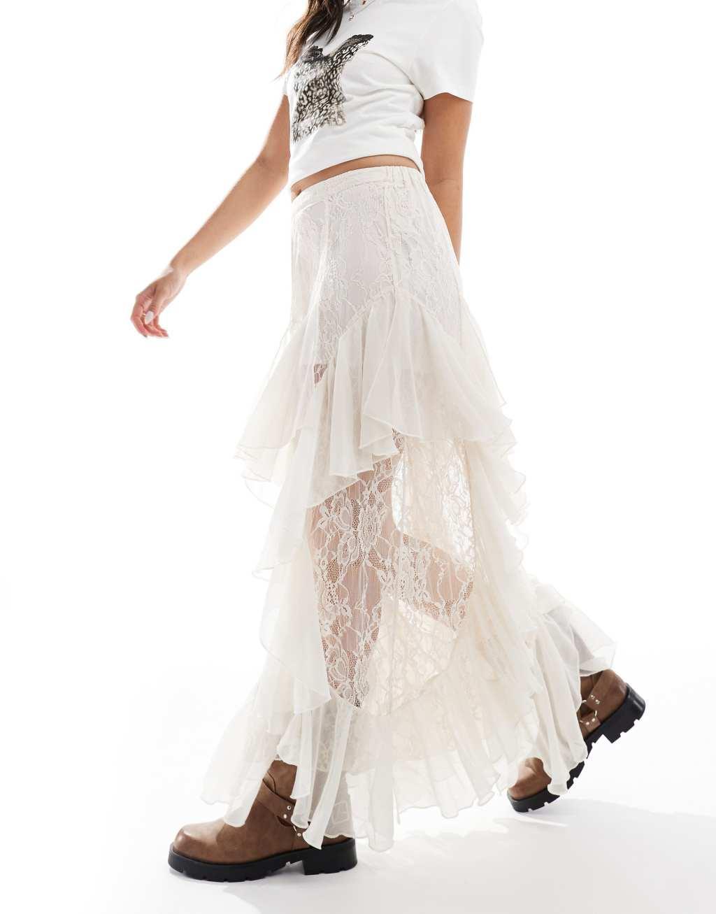 Miss Selfridge lace and chiffon mix maxi skirt in ivory Product Image