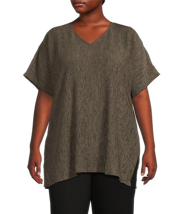 Eileen Fisher Plus Size Woven Plisse V-Neck Short Sleeve Boxy Tunic Product Image