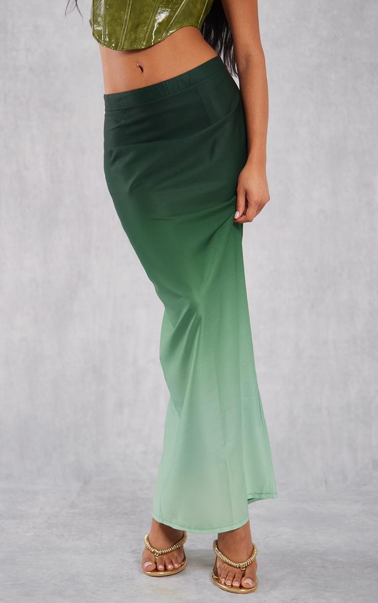 Dark Green Ombre Print Satin Mid Rise Maxi Skirt Product Image