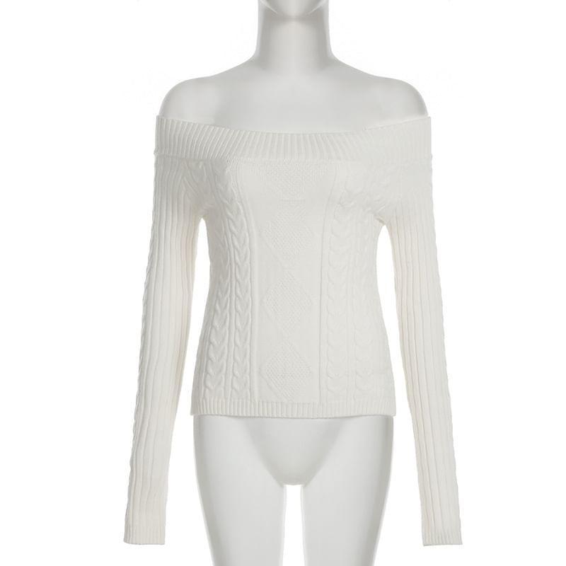 Off Shoulder Plain Cable Knit Cropped Sweater Product Image