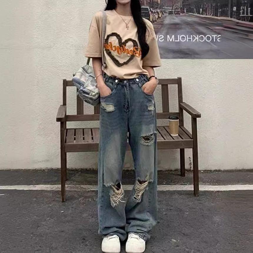 High Rise Washed Ripped Loose-Fit Wide-Leg Jeans Product Image