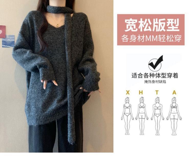 Set: Long-Sleeve V-Neck Plain Sweater + Scarf Product Image