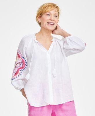 Women's 100% Linen Embroidered-Sleeve Peasant Top, Created for Macy's Product Image