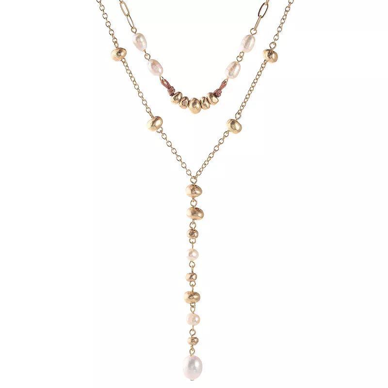 Bella Uno Worn Gold Multi-strand Bead & Freshwater Cultured Pearl Lariat Necklace, Womens, Size: 18/20+3, Gold Tone Product Image