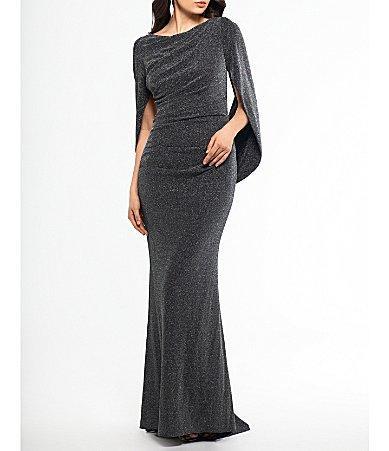 Betsy  Adam Stretch Metallic Boat Neckline Drape Back Gown Product Image