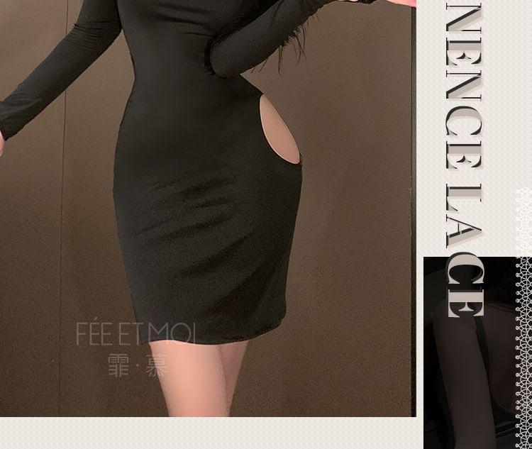 Lingerie Off-Shoulder Feather-Trim Bodycon Mini Dress Product Image