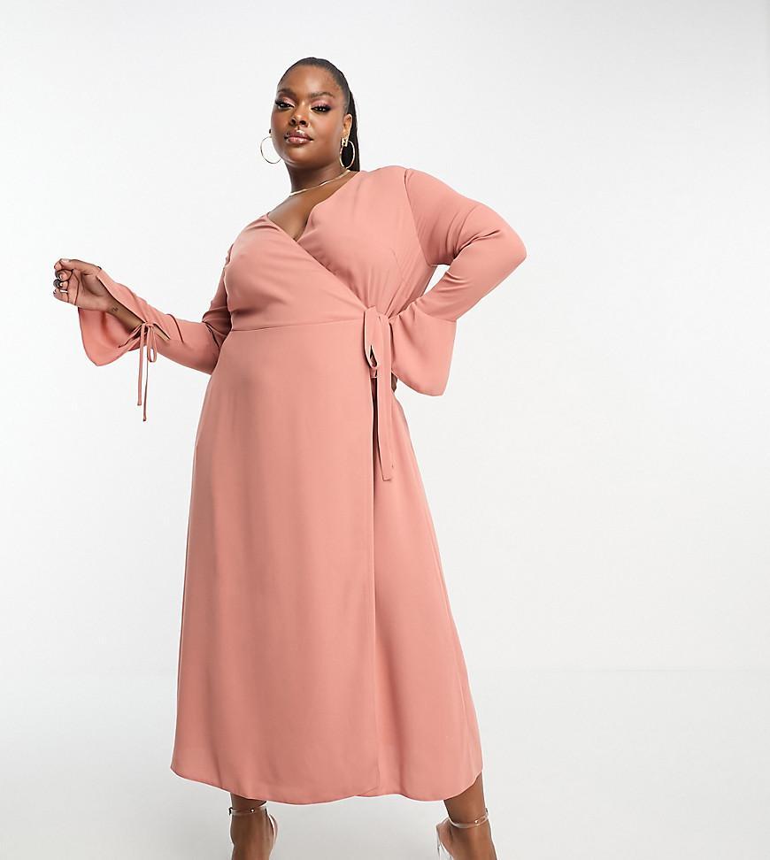 ASOS DESIGN Curve wrap midi dress with tie cuff detail Product Image