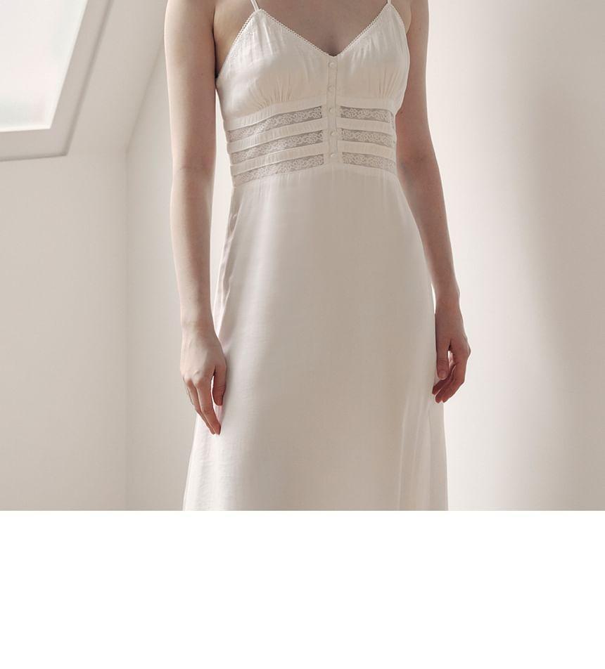 Spaghetti Strap Lace-Trim Satin Dress (White) Product Image