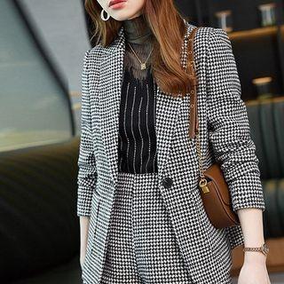 One Buttoned Plaid Blazer / High Waist Dress Shorts Product Image