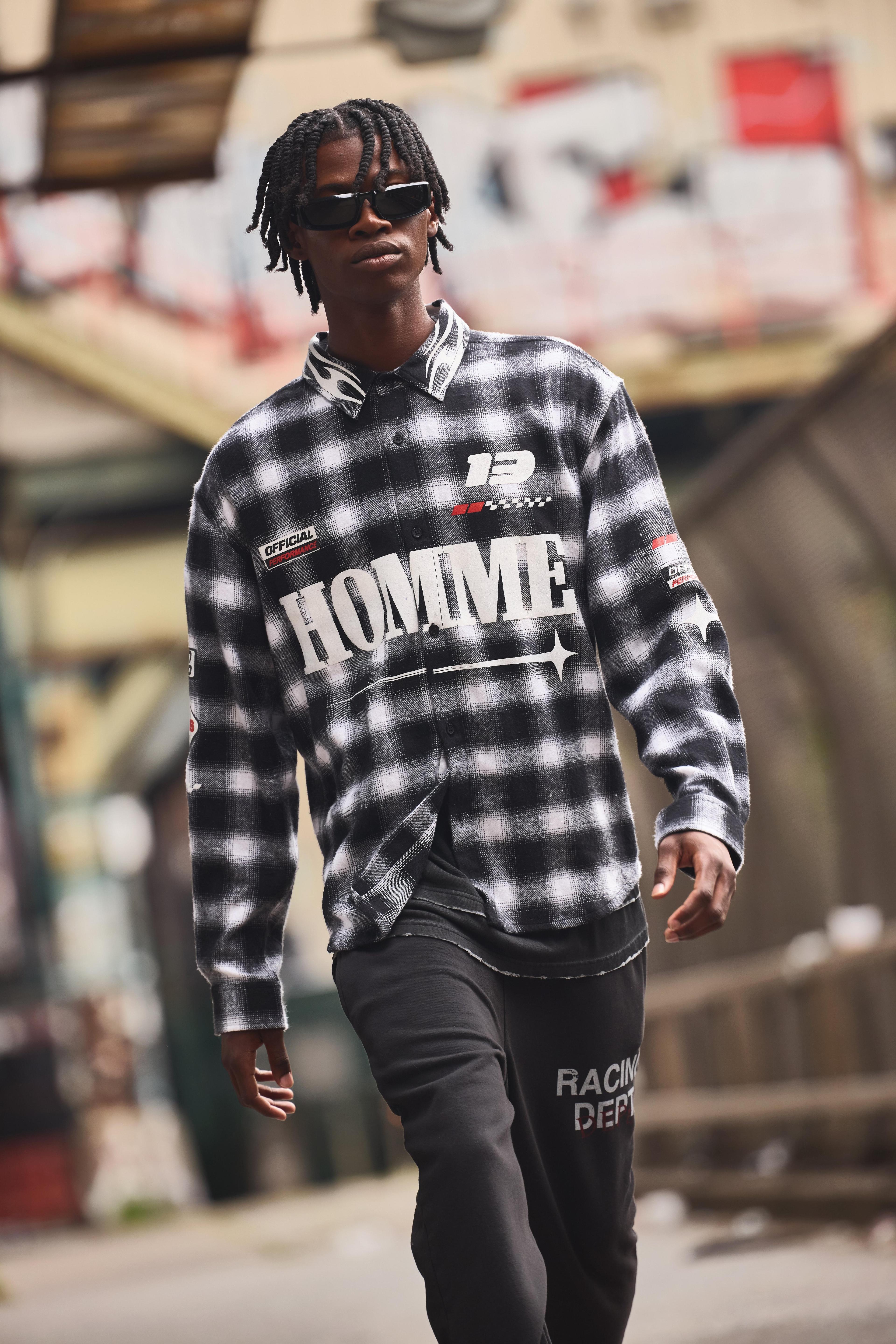 Oversized Homme Printed Flannel Shirt | boohooMAN USA Product Image