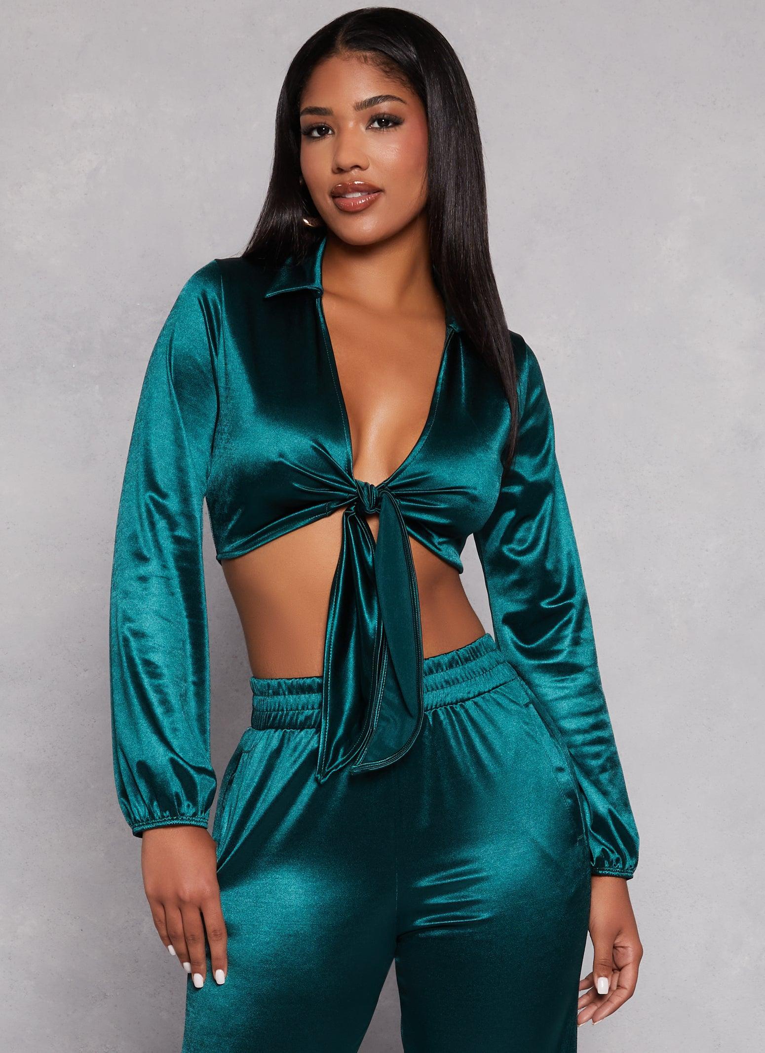 Womens Satin Tie Front Long Sleeve Crop Top Product Image