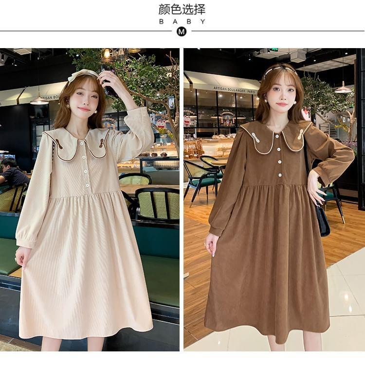 Maternity Long-Sleeve Collar Bow Embroidered Midi Smock Dress Product Image