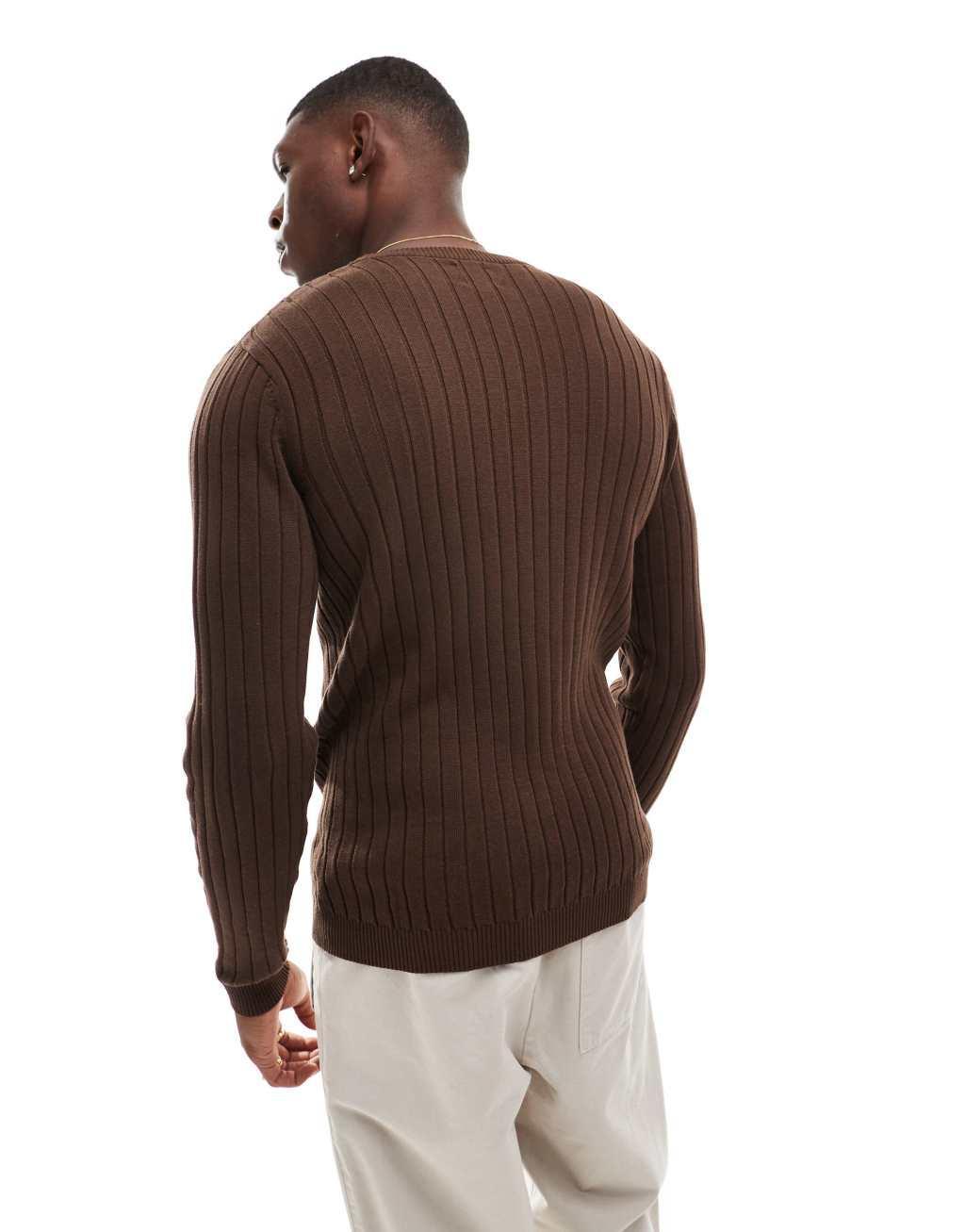 ASOS DESIGN essential muscle fit rib knit sweater in brown Product Image