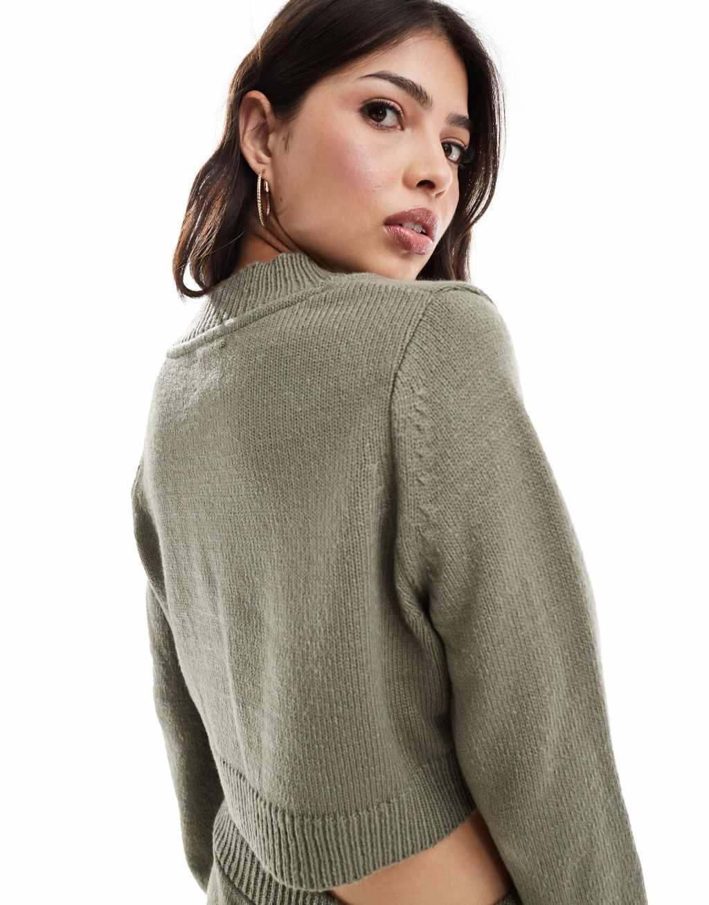 ASOS DESIGN v neck cropped sweater in khaki -set Product Image