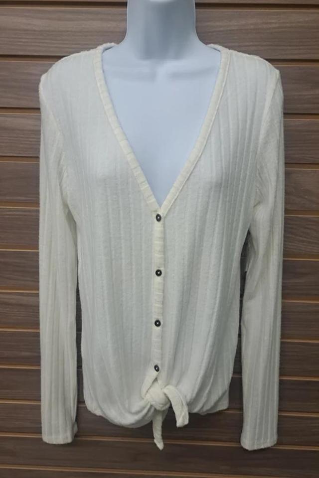 Ribbed button down V neck tie front top Product Image