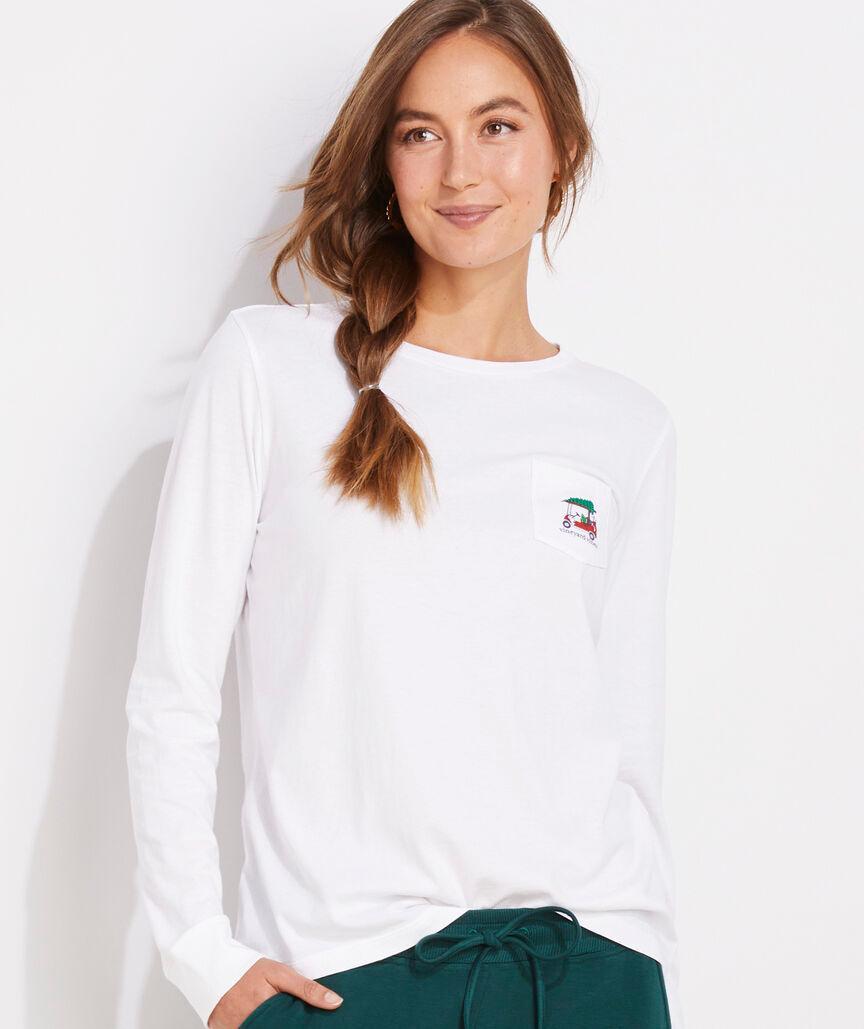 Women's Christmas Golf Cart Long-Sleeve Pocket Tee Product Image