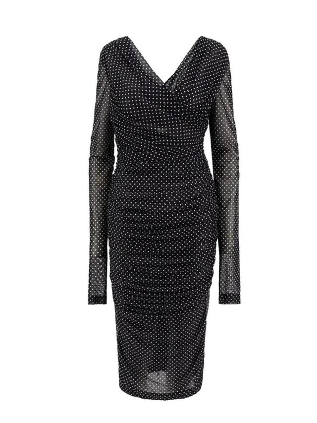 DOLCE & GABBANA Polka Dots Tulle Draped Midi Dress In Black Product Image