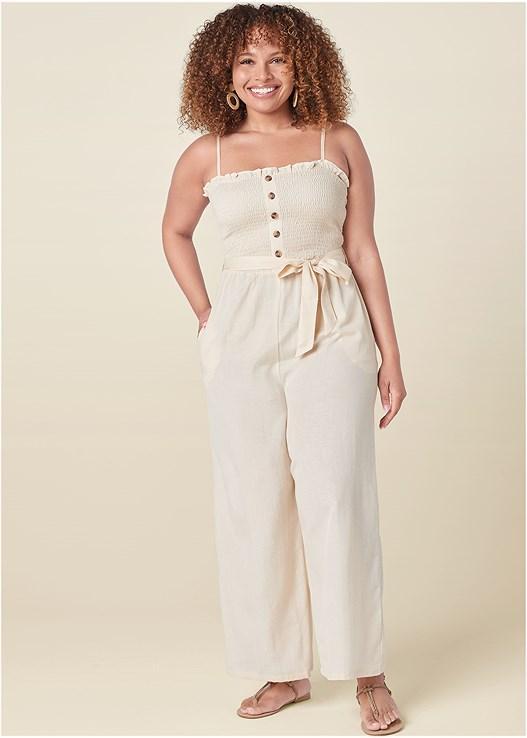 Smocked Detail Linen Jumpsuit Product Image