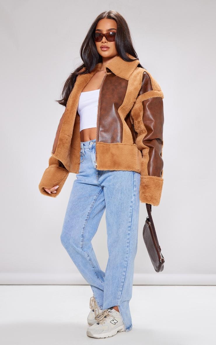 Petite Brown Distressed PU & Fur Contrast Jacket Product Image