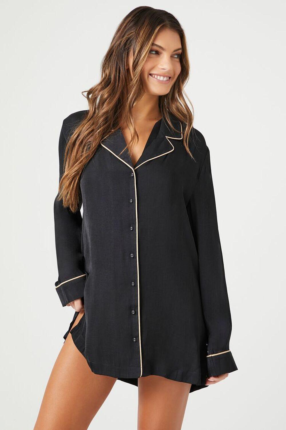 Satin Piped-Trim Pajama Shirt Dress | Forever 21 Product Image