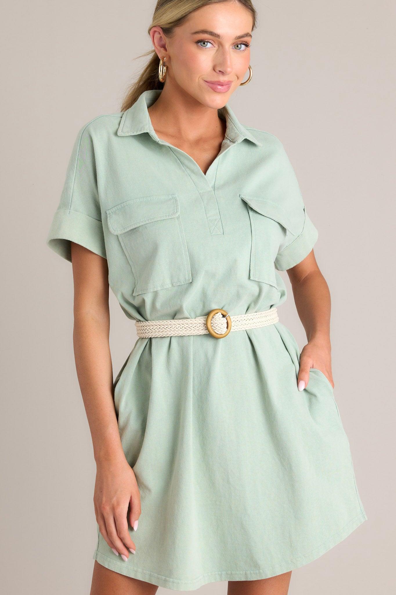 Metropolitan Mood Sage Green Collared Mini Dress Product Image