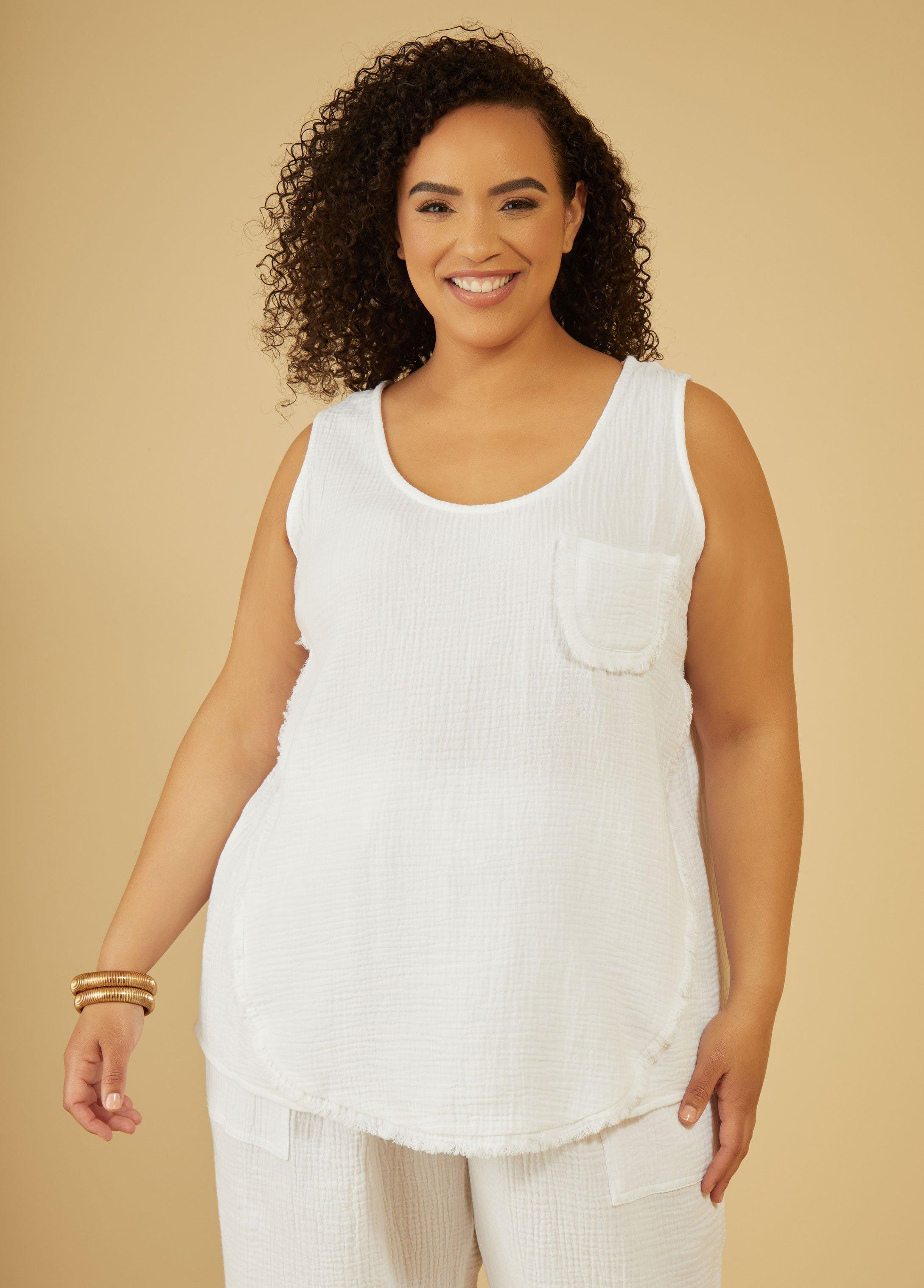 Plus Size Frayed Cotton Gauze Tank Ashley Stewart Product Image