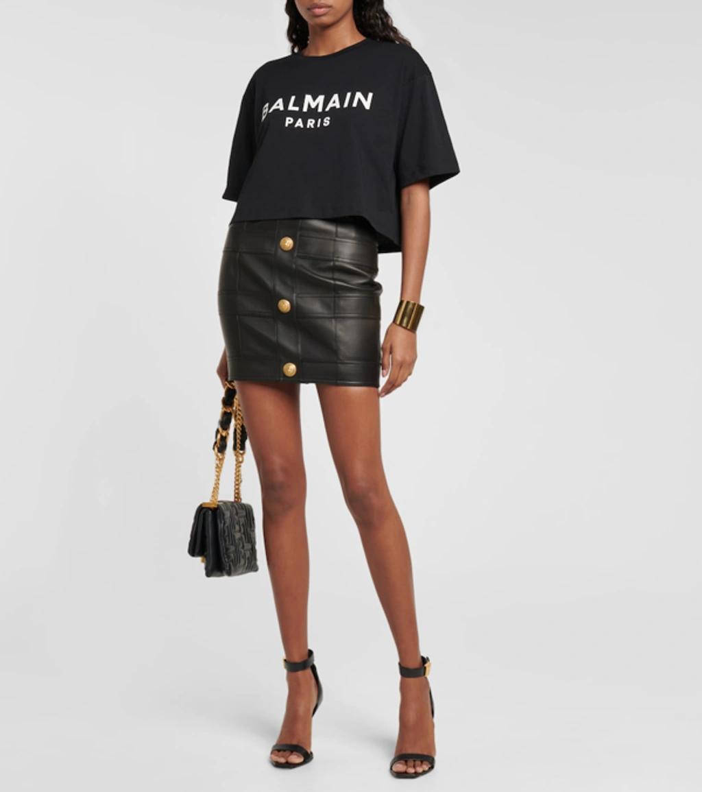 BALMAIN Logo Cotton Cropped T-shirt In Black White Product Image