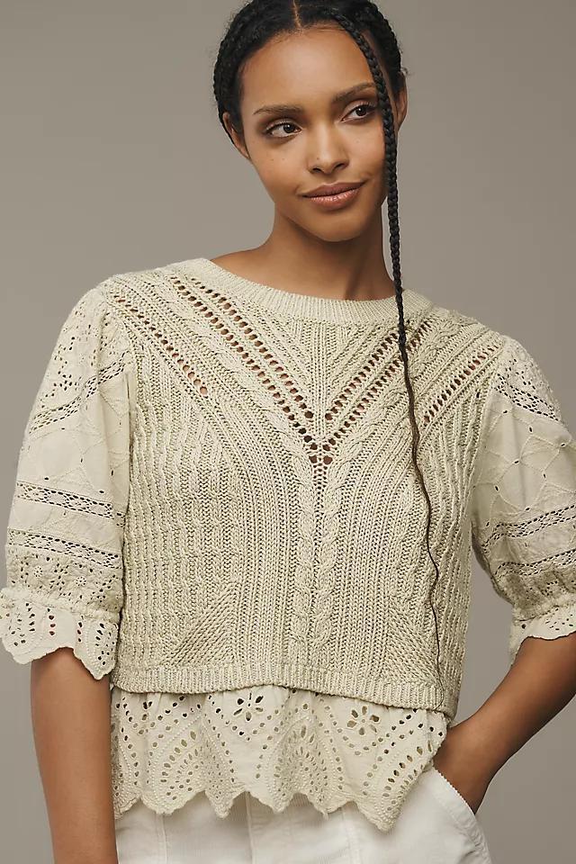 By Anthropologie Short-Sleeve Lace Peplum Sweater Product Image