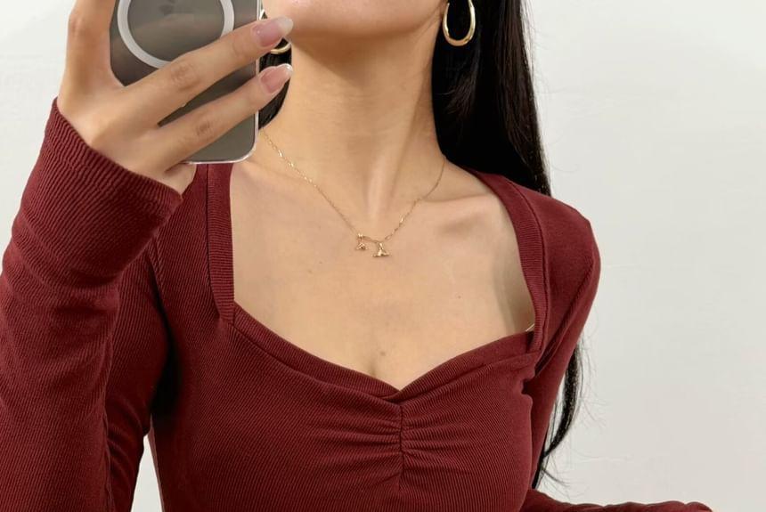 Long Sleeve Square Neck Plain Ruched Top Product Image