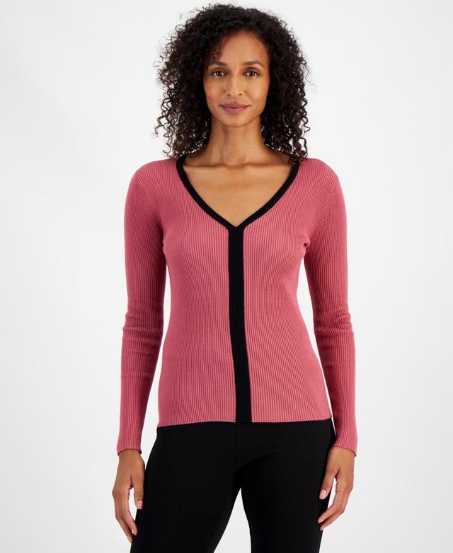 T Tahari Womens Contrast-Trim Ribbed Long-Sleeve Top Product Image