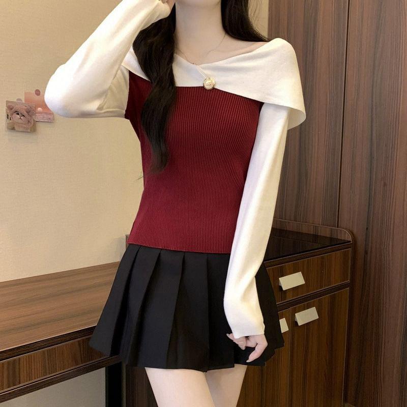 Long Sleeve Boat Neck Two Tone Knit Top Product Image