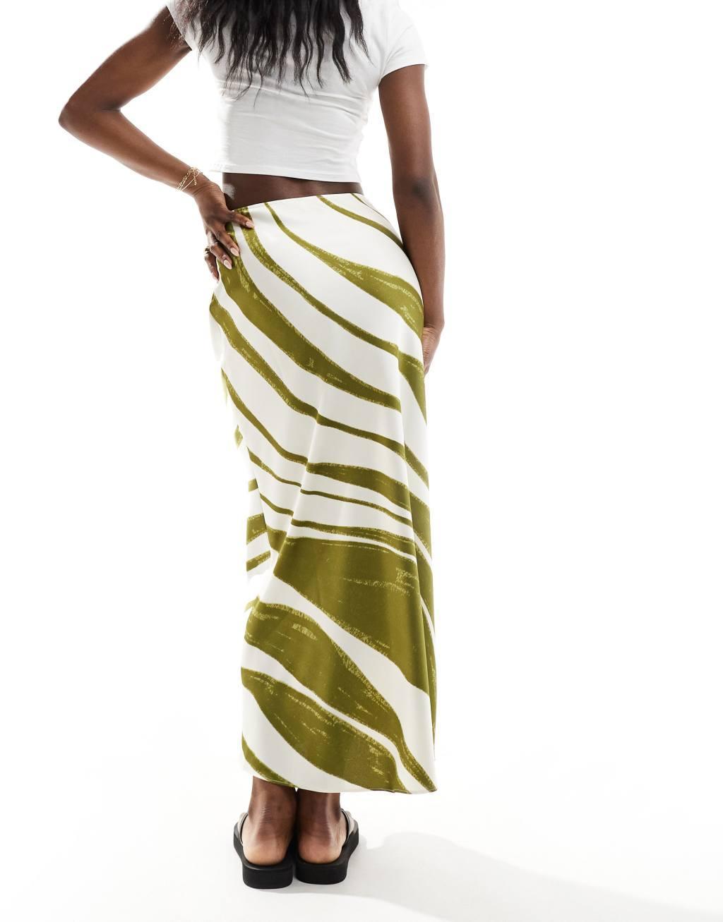 ASOS DESIGN satin bias midi skirt in green stripe Product Image